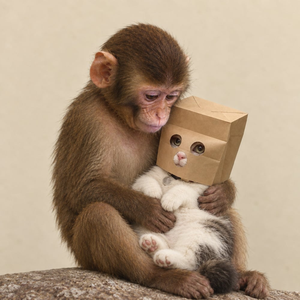 A baby macaque sitting on a rock, cradling a cat whose head is inside a kraft paper bag
